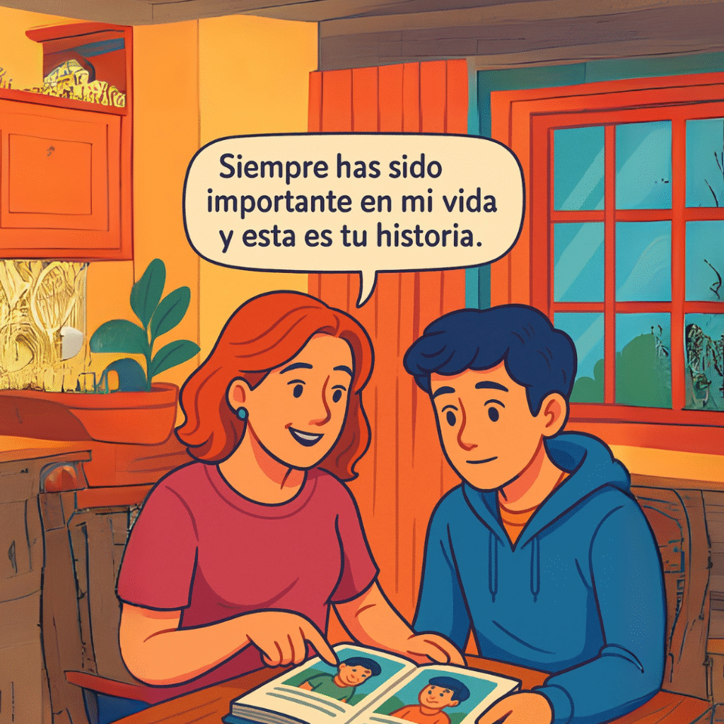 Madre e hijo compartiendo el album de fotos infantiles